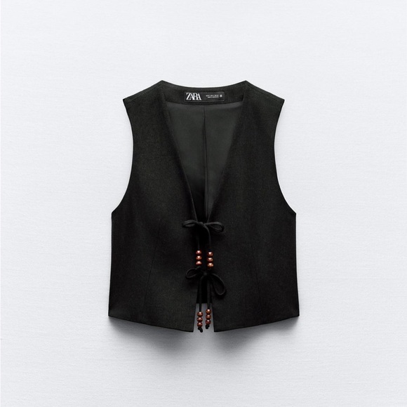Zara Linen Blend Vest with Beaded Bows - Picture 1 of 5